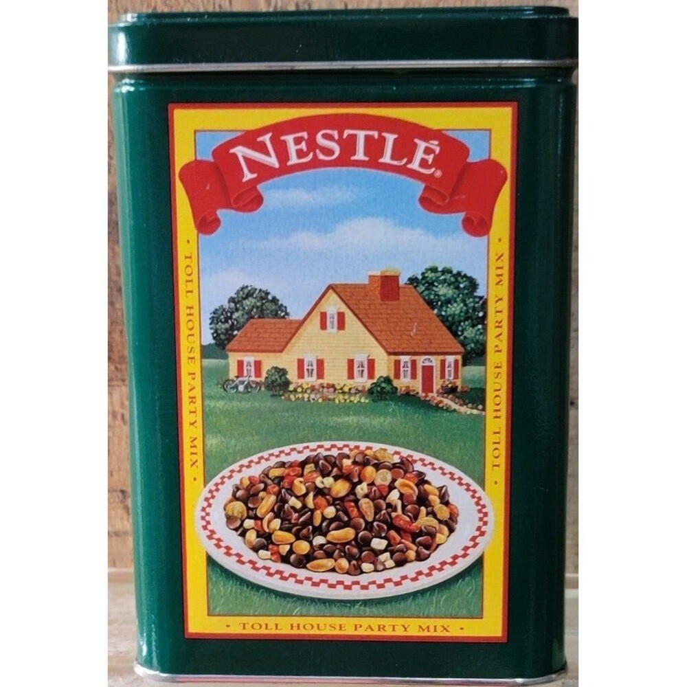 VINTAGE 6 1/4" HIGH NESTLE TOLL HOUSE COOKIES & PARTY MIX TIN BOX *EMPTY*